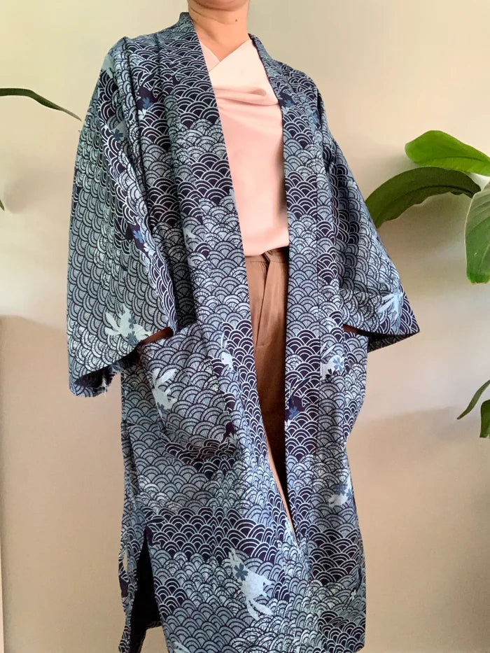Indigo Cotton Kimono Robe - wave and rabbit pattern