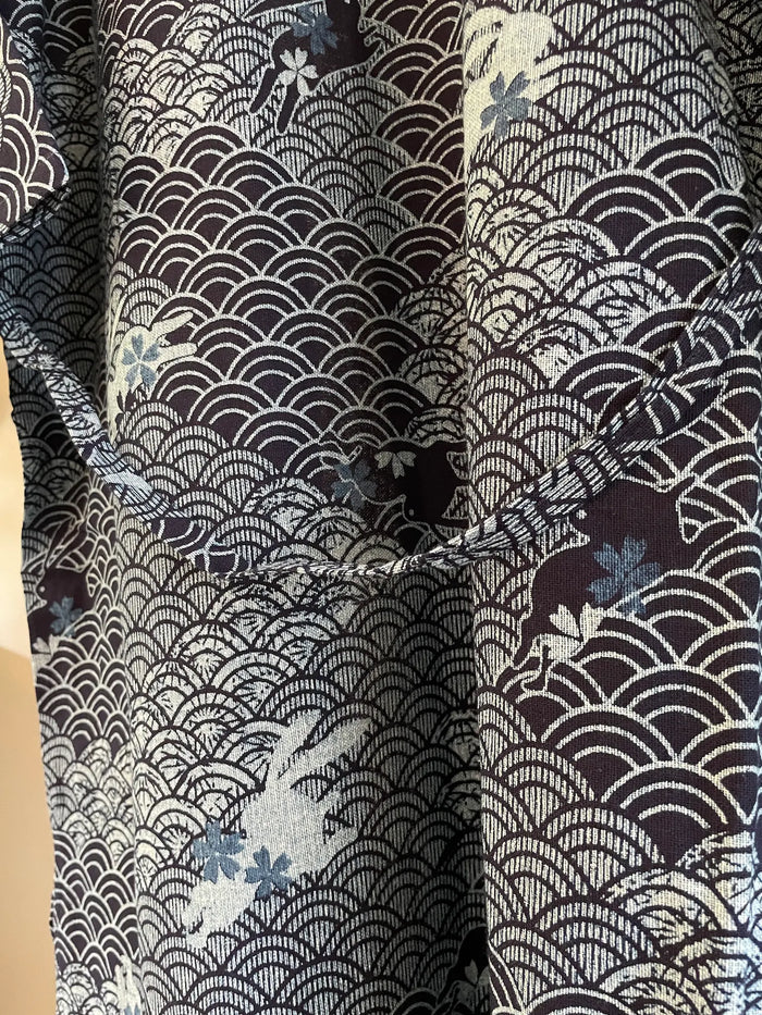 Indigo Cotton Kimono Robe - wave and rabbit pattern