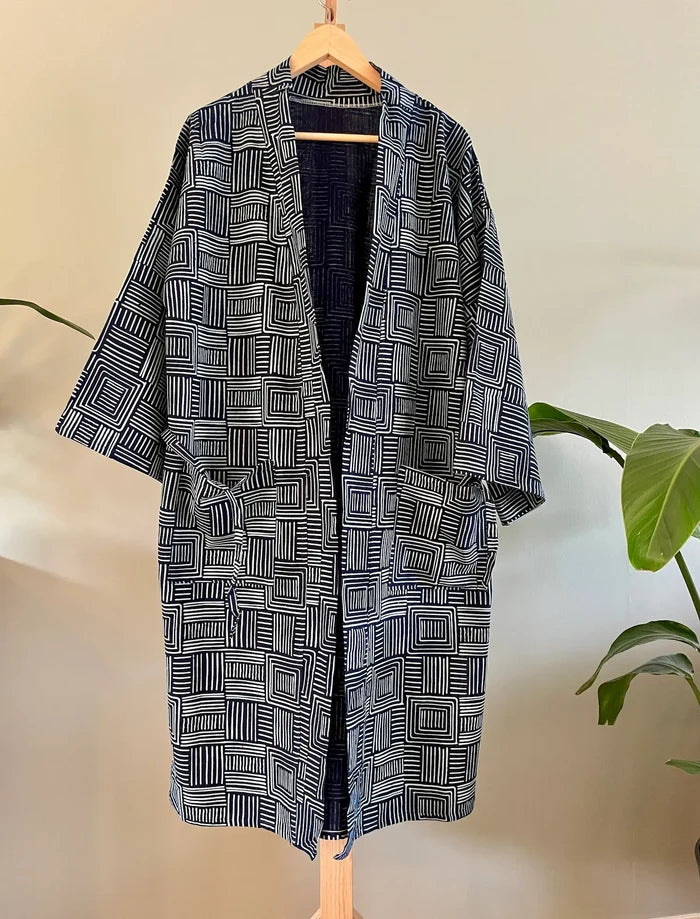 Indigo Cotton Kimono Robe - Zen Square pattern - Oversized fit