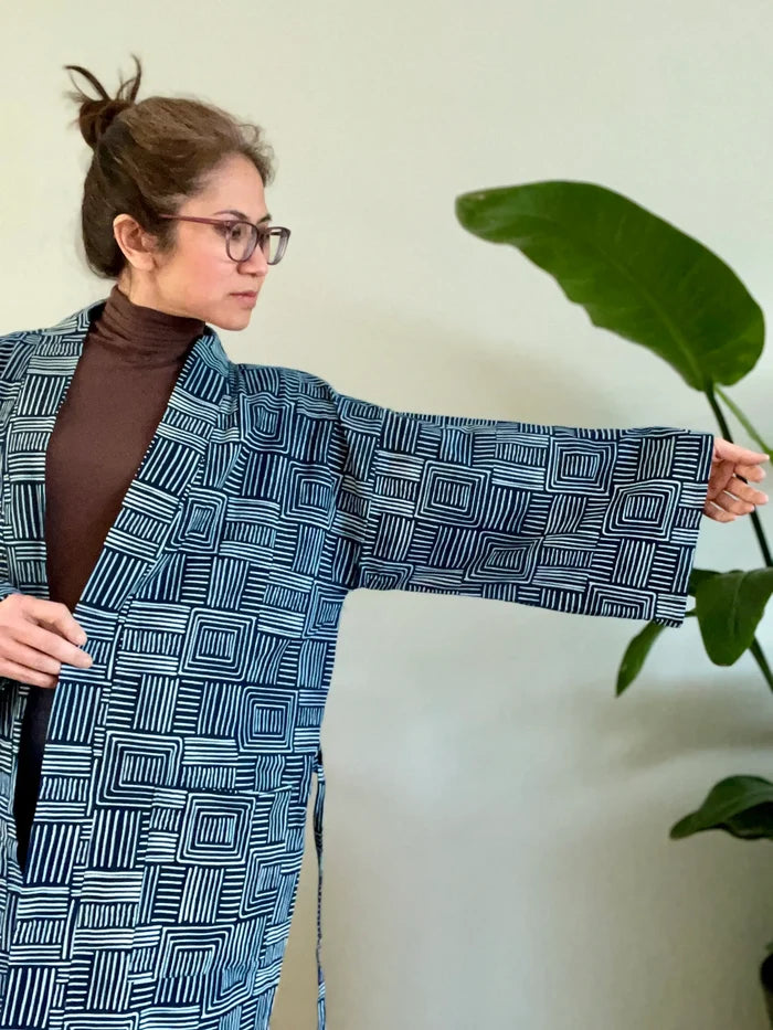 Indigo Cotton Kimono Robe - Zen Square pattern - Oversized fit