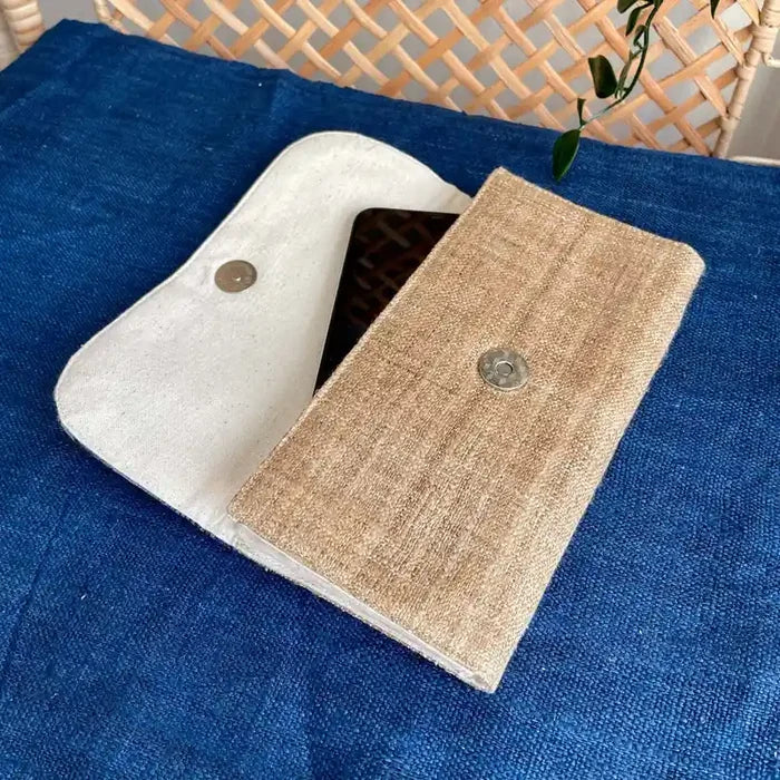 Vindigo long purse beige indigo embroidered lifestyle view with phone