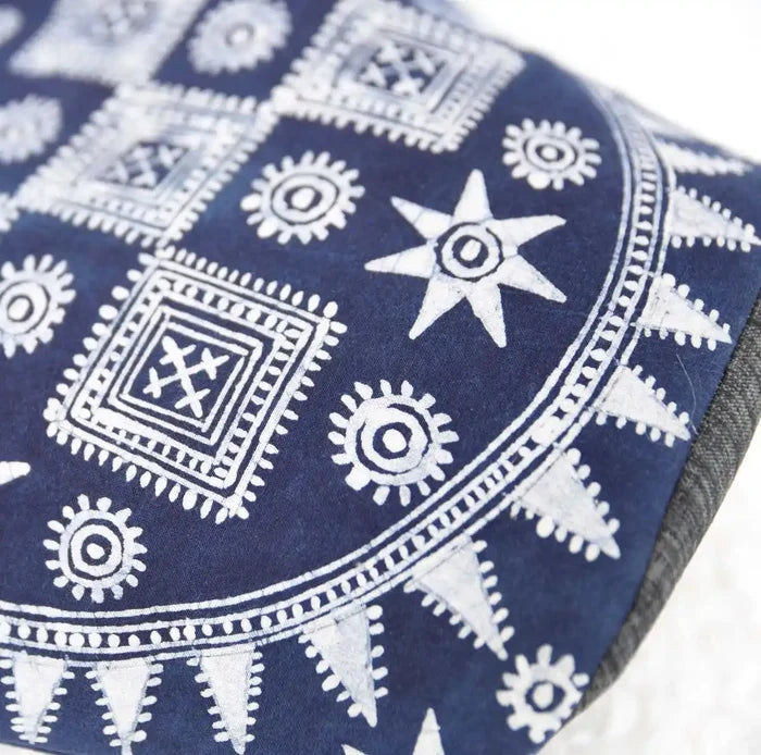 Vindigo blue batik fabric close-up with H'Mong motifs