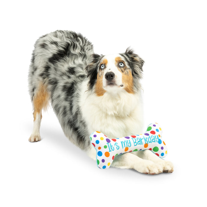 Dog with It's My Barkday Bone (Double Sided) on a white background.
