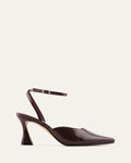 Burgundy high-heeled shoe on a light beige background
