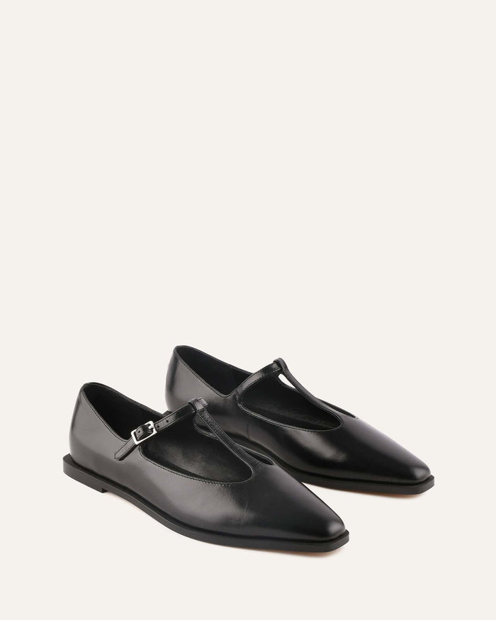 Pair of black flat shoes with a strap on a white background