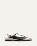 Silver metallic flat shoe with a strap on a white background
