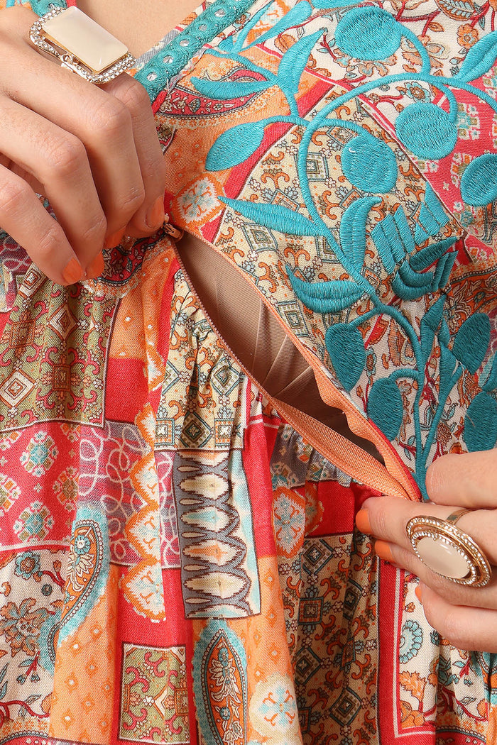 Joyous Orange Paisley Patchwork Printed Maternity Feeding Suit Set