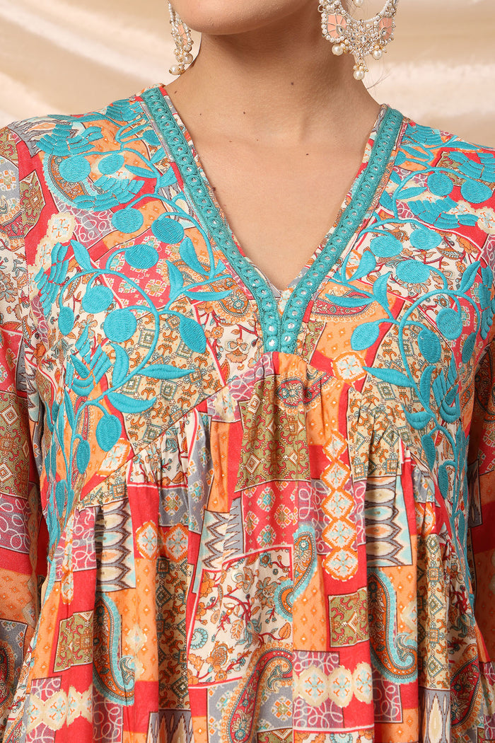 Maternity Joyous Orange Paisley Patchwork Printed Maternity Feeding Suit Set