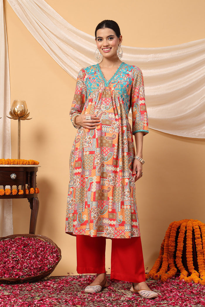 Pregnancy Joyous Orange Paisley Patchwork Printed Maternity Feeding Suit Set