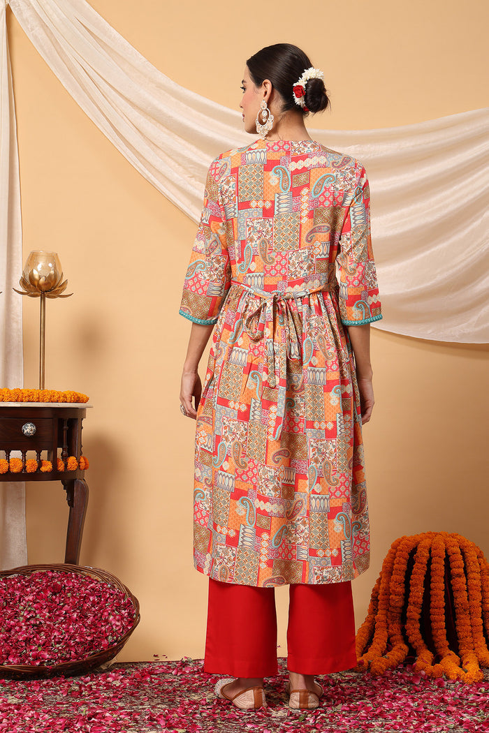Joyous Orange Paisley Patchwork Printed Maternity Feeding Suit Set