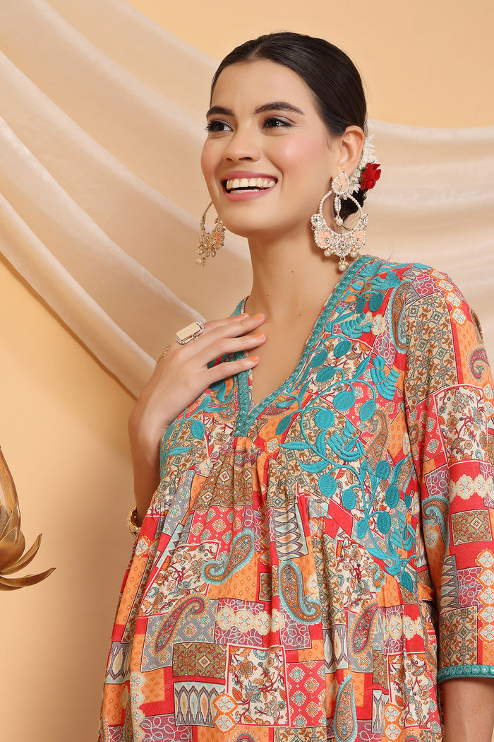 Joyous Orange Paisley Patchwork Printed Maternity Feeding Suit Set for Pregnancy