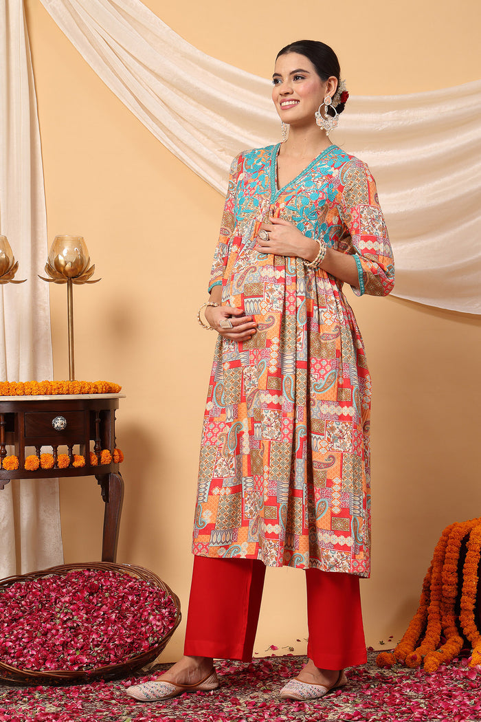 Joyous Orange Paisley Patchwork Printed Maternity Feeding Suit Set - Ideal