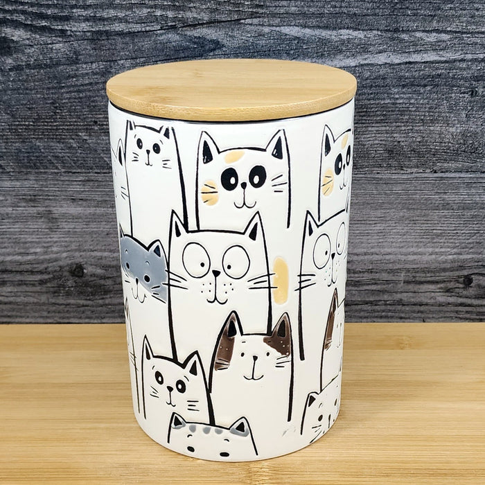 Kelly Cat Canister & Lid 8" Ceramic Embossed White Treat Jar Whimsical Blue Sky