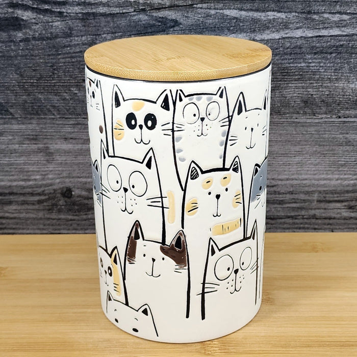 Kelly Cat Canister & Lid 8" Ceramic Embossed White Treat Jar Whimsical Blue Sky