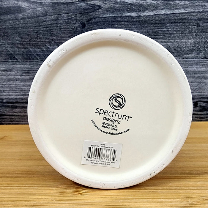 Kelly Cat Canister & Lid 8" Ceramic Embossed White Treat Jar Whimsical Blue Sky