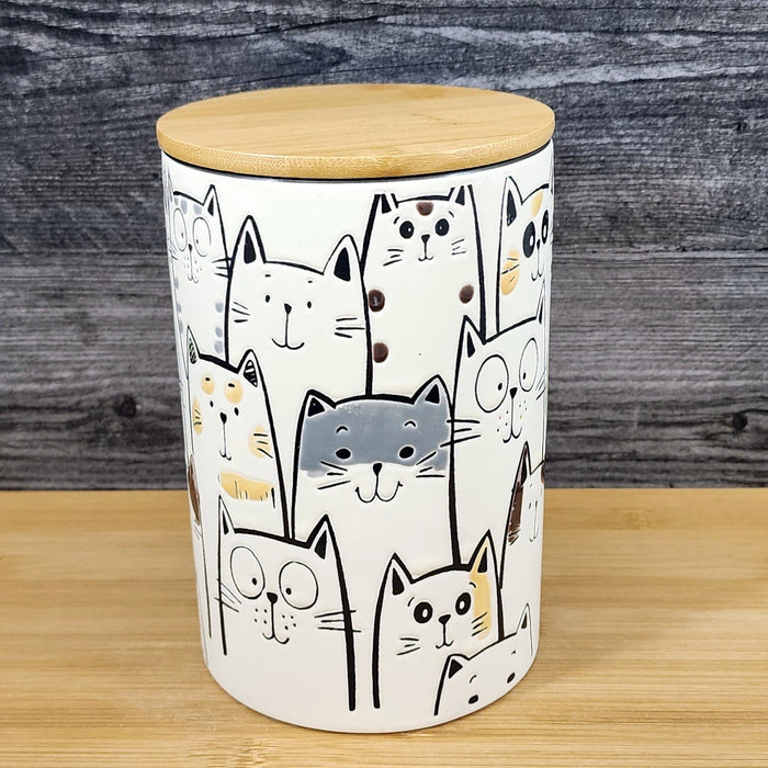 Kelly Cat Canister & Lid 8" Ceramic Embossed White Treat Jar Whimsical Blue Sky