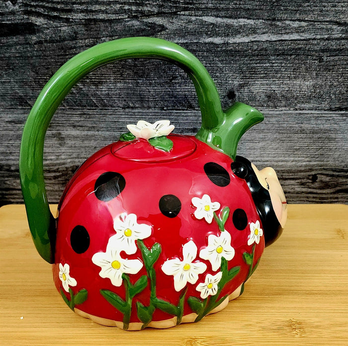 Ladybug Teapot Red Ceramic Spring Flower Garden by Blue Sky Embossed Tea Pot