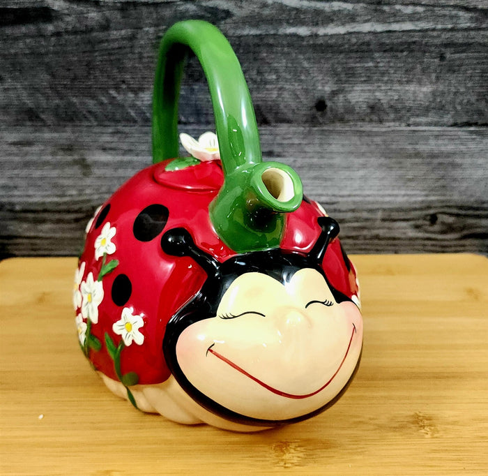 Ladybug Teapot Red Ceramic Spring Flower Garden by Blue Sky Embossed Tea Pot