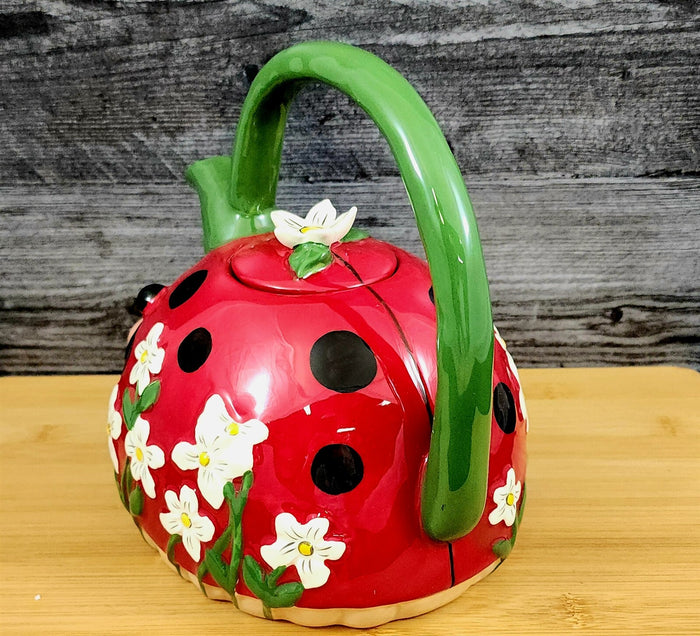 Ladybug Teapot Red Ceramic Spring Flower Garden by Blue Sky Embossed Tea Pot