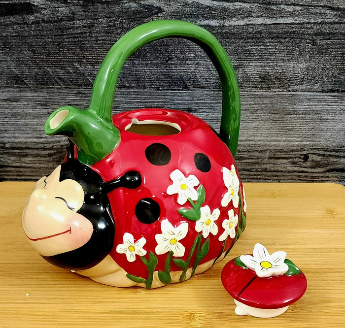 Ladybug Teapot Red Ceramic Spring Flower Garden by Blue Sky Embossed Tea Pot