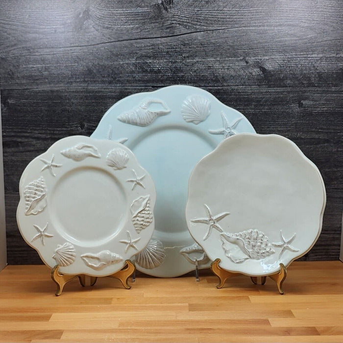 Laguna Coastal Blue Plate Set of 3 Embossed With Sea Shells Star Fish Blue Sky