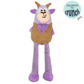 Dog with Lankies Vincent Van Goat Dog Toy on a white background.