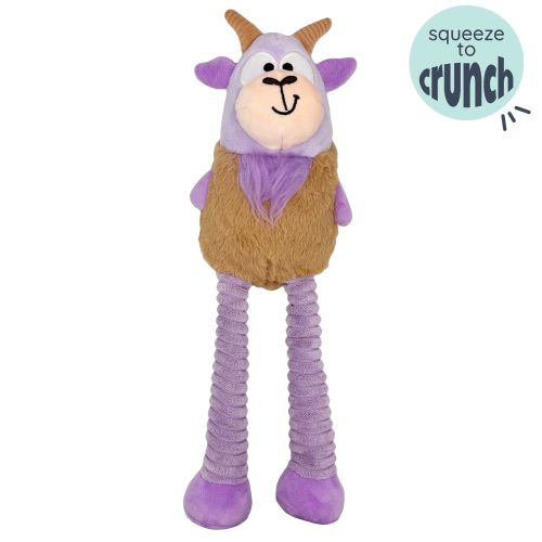 Dog with Lankies Vincent Van Goat Dog Toy on a white background.