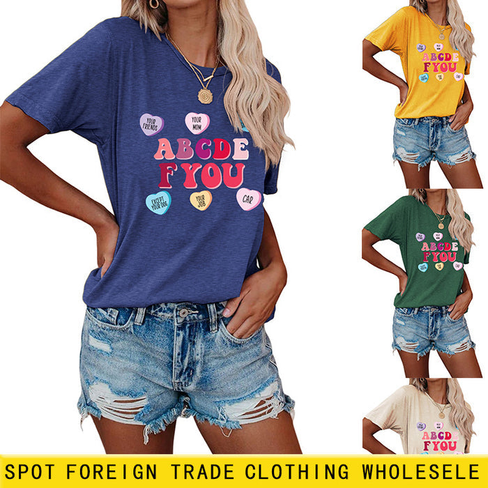 Letter ABCDEF You Printed Women's Summer Casual Loose Short Sleeve
