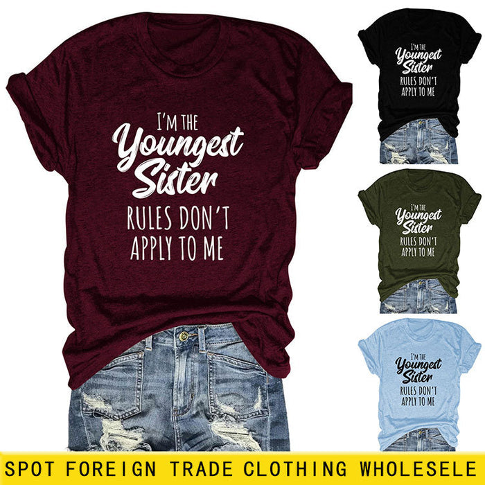 Letter Print I'm The Youngest Sister Fashion Short-sleeved T-shirt