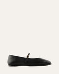 Black flat shoe with a strap on a white background