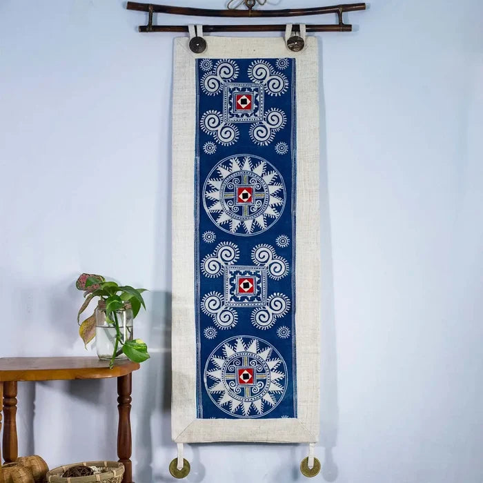 Vindigo indigo hemp batik tapestry in interior setting
