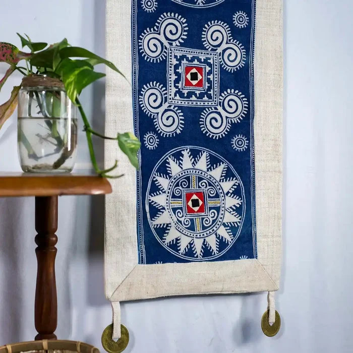 Vindigo indigo hemp batik tapestry beside plant and table