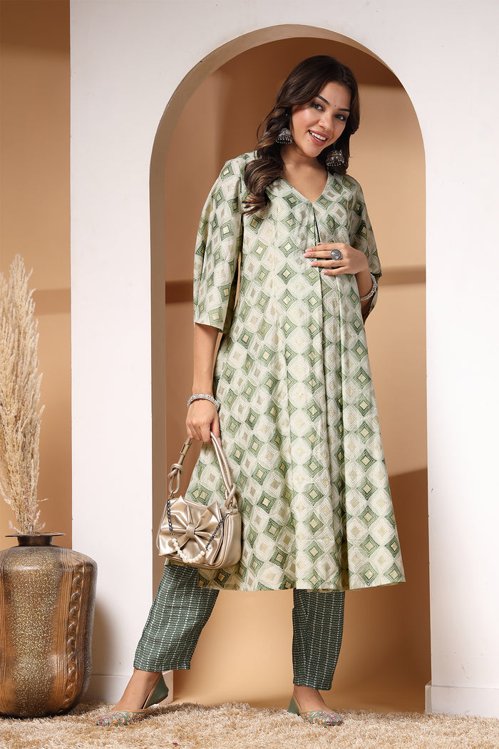 Light Green Gold Modal Kurta Pant Set: Zipless Button for easy nursing, featuring a Relaxed Maternity silhouette.
