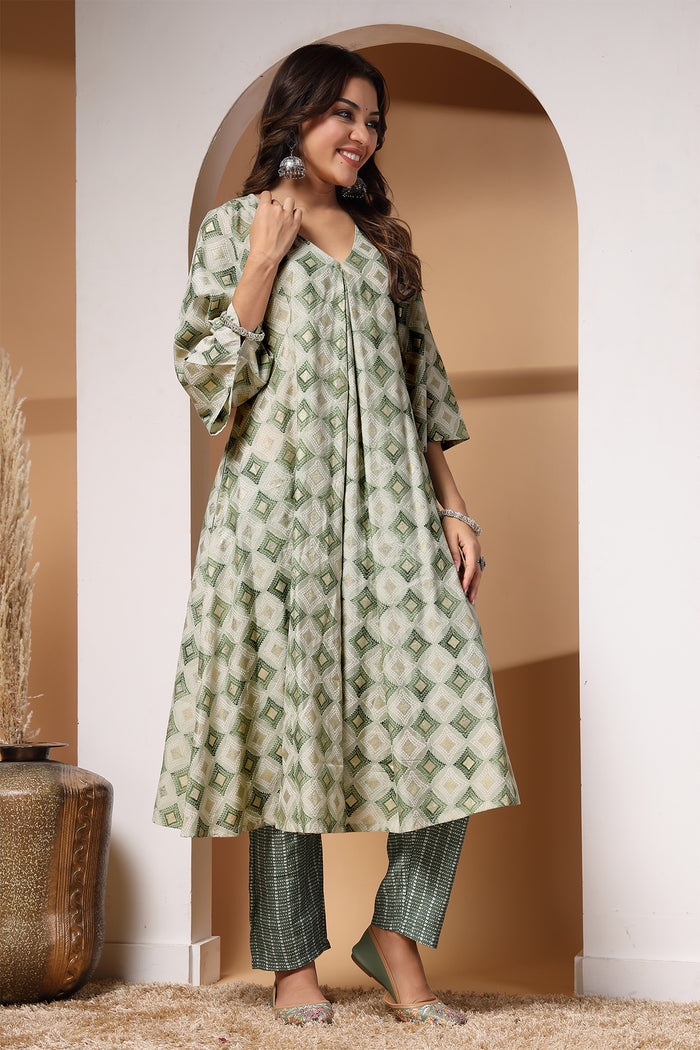 High-quality image of the Modal texture and finish of the Light Green Gold Kurta Pant Set.