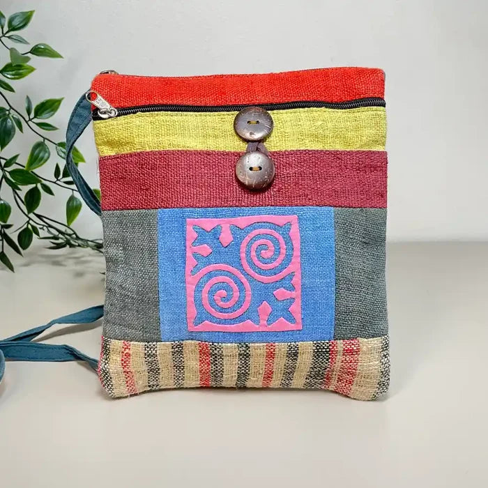 Light pink pattern with bright stripes- Hemp crossbody bag