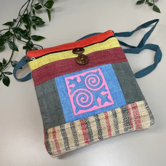 Light pink pattern with bright stripes- Hemp crossbody bag