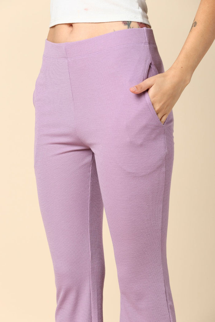 Model wearing Lilac Lounge Pants; wide elastic waistband provides gentle support.