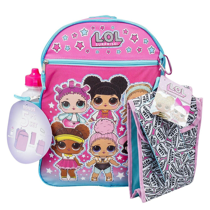LOL Surprise! Backpack 5 pc Set with Lunch Bag Water Bottle 16" School Book Bag