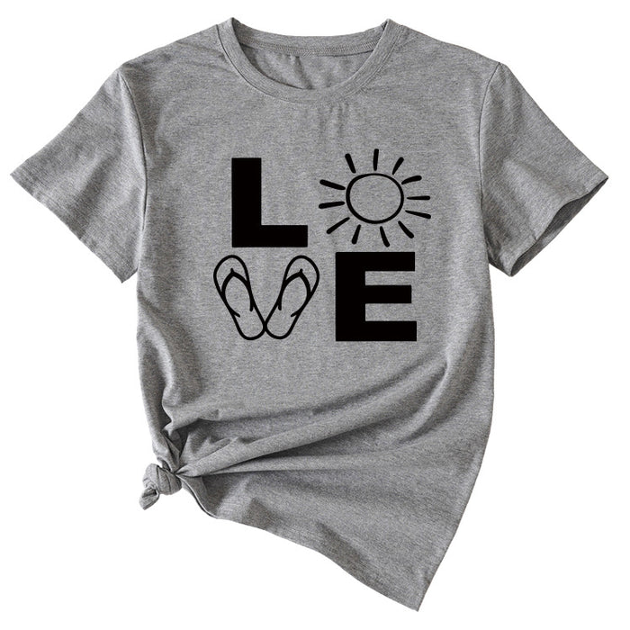 LOVE Fun Pattern Women's Loose Round Neck Short Sleeve Top Shirt