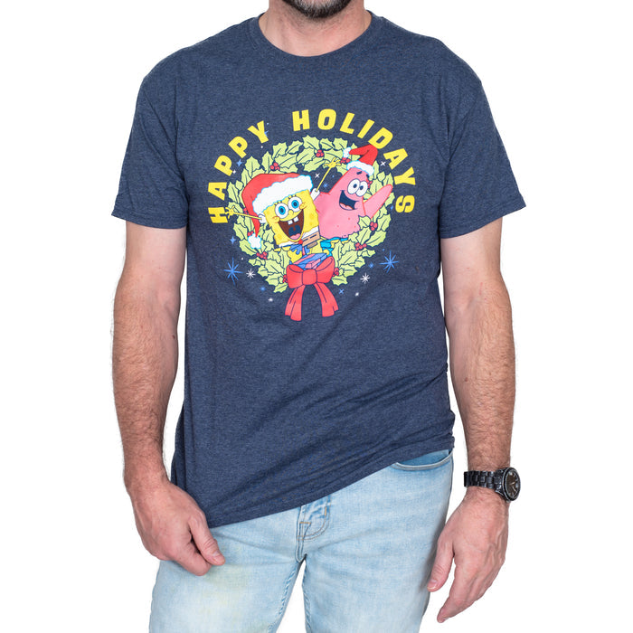 Mad Engine SpongeBob and Patrick Wreath Joy Happy Holidays Short Sleeve Christmas T-Shirt