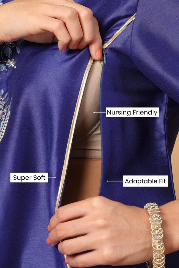 Majestic Blue Golden Splendor Maternity Feeding Kurta Set