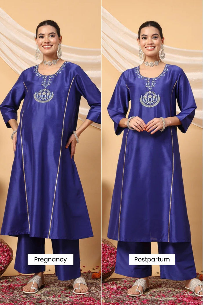 Maternity Majestic Blue Golden Splendor Maternity Feeding Kurta Set