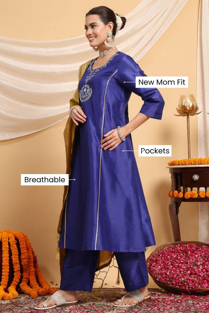 Pregnancy Majestic Blue Golden Splendor Maternity Feeding Kurta Set