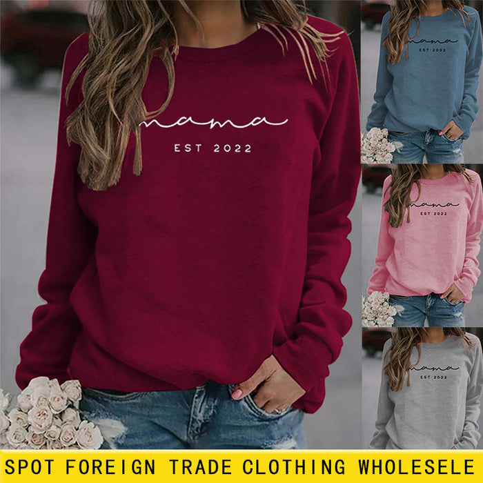 Mama EST 2022 Letter Casual Round Neck Simple Bottomed Sweater Loose with Fashionable Women's Top