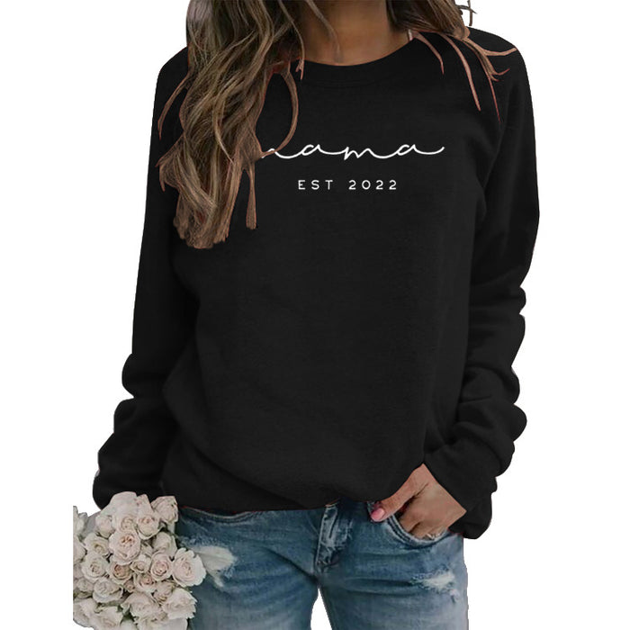Mama EST 2022 Letter Casual Round Neck Simple Bottomed Sweater Loose with Fashionable Women's Top