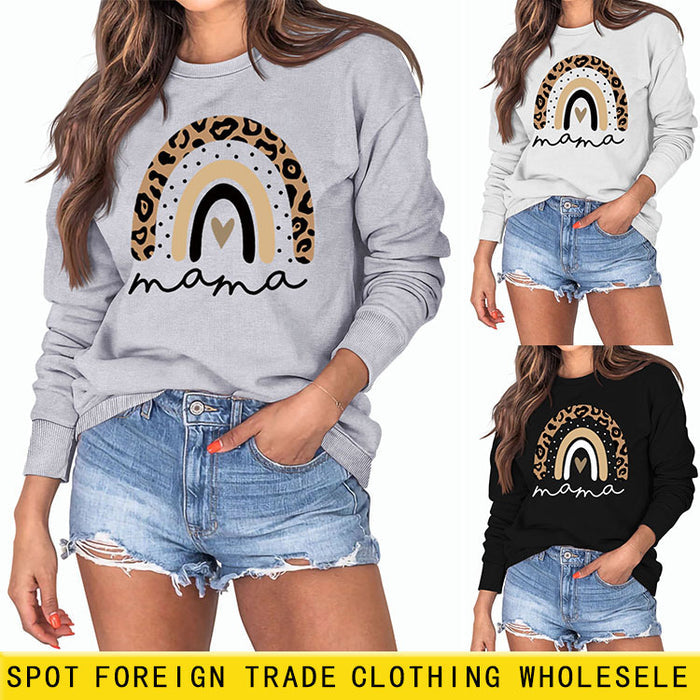 Mama Love Rainbow Leopard Print Backing Long Sleeve Round Neck Loose Sweatshirt
