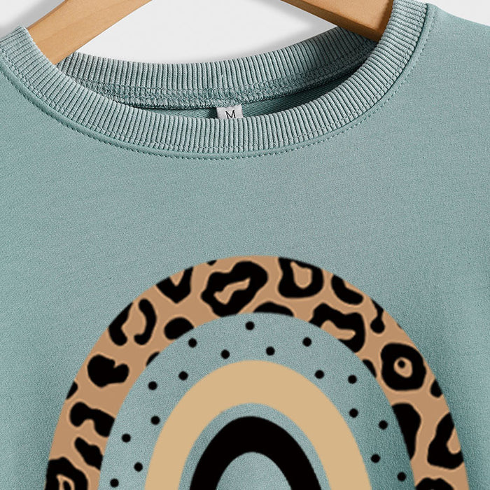 Mama Love Rainbow Leopard Print Backing Long Sleeve Round Neck Loose Sweatshirt