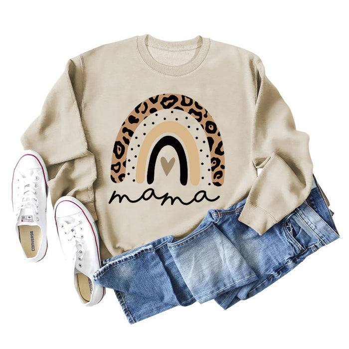 Mama Love Rainbow Leopard Print Backing Long Sleeve Round Neck Loose Sweatshirt