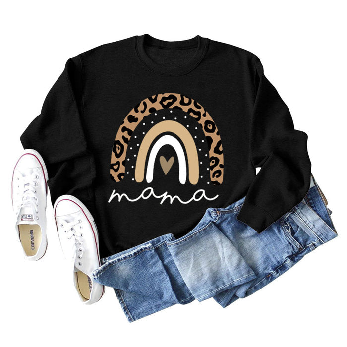 Mama Love Rainbow Leopard Print Backing Long Sleeve Round Neck Loose Sweatshirt