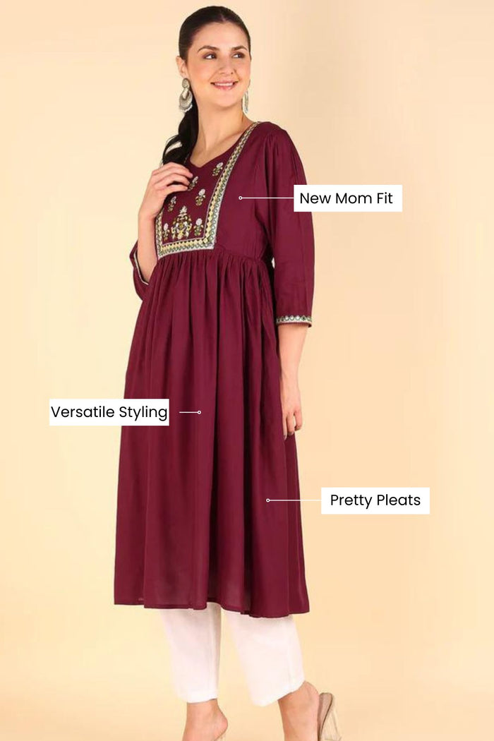 Detailed shot of the Rayon fabric and color/print of the Maroon Maternity Kurti Kurti.